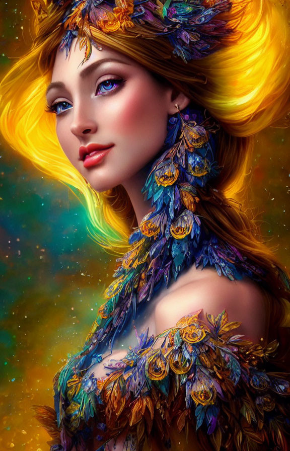 Colorful portrait of woman with golden hair and blue eyes against cosmic backdrop