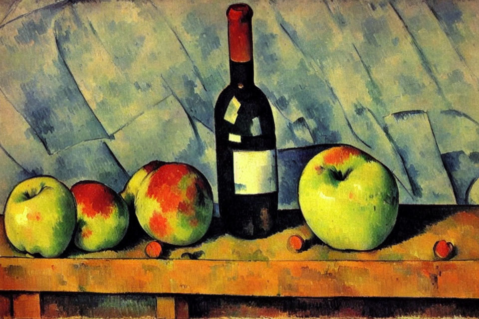 Classic Still Life: Wine Bottle, Colorful Apples, Wooden Table, Geometric Background