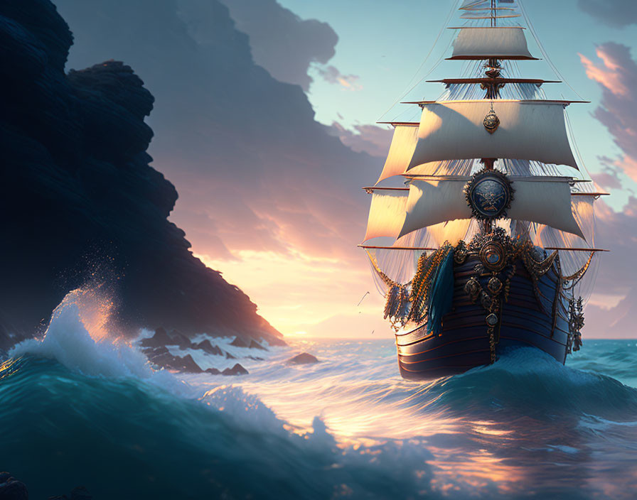 Sailing ship with full sails in turbulent sea waters at sunset