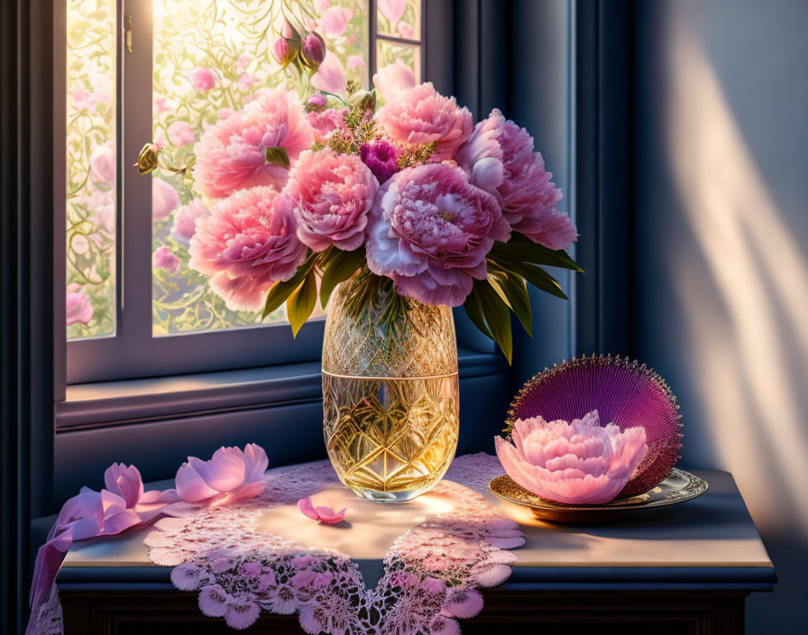 Pink peonies in vase by window with scattered petals and plate