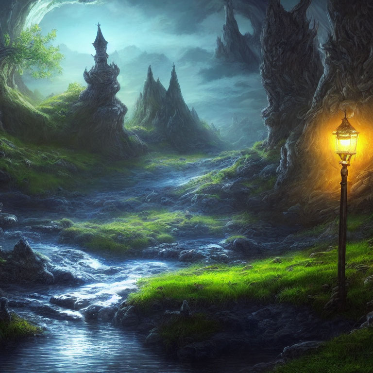 Mystical landscape with glowing lamp post, lush greenery, and ethereal mountains