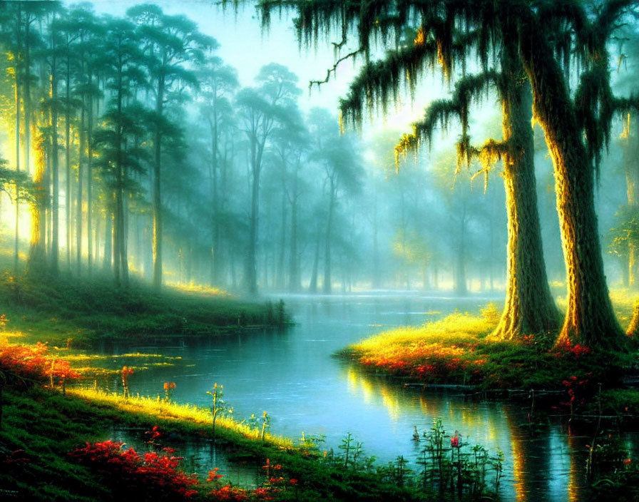 Tranquil forest scene with mist, glowing sunlight, serene river, lush greenery, and flowering