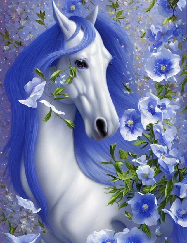 Majestic unicorn with shimmering blue mane in vibrant floral scene