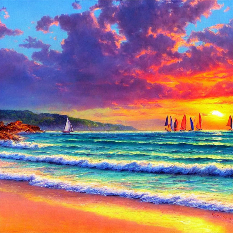 Scenic sunset with purple and orange clouds over ocean, sailboats on horizon, gentle waves on sandy