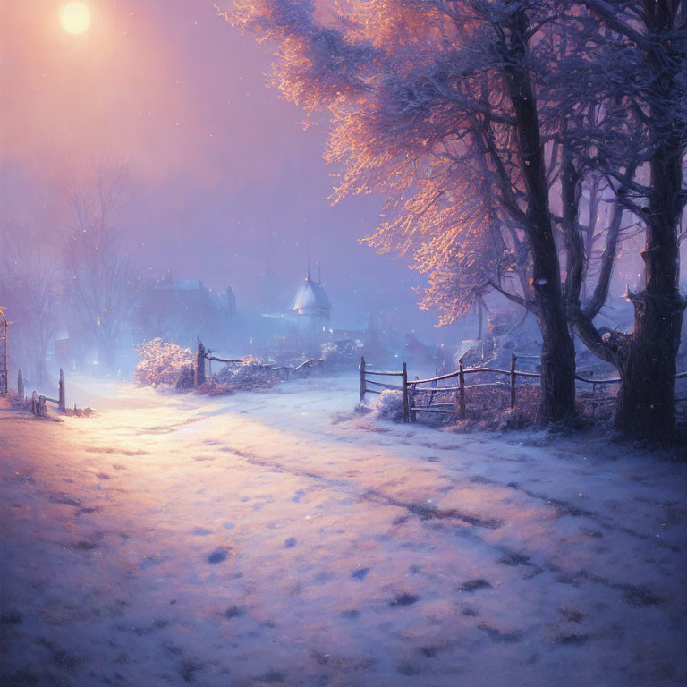 Snowy Dusk Landscape: Pink Sky, Bare Trees, Path to Illuminated Village