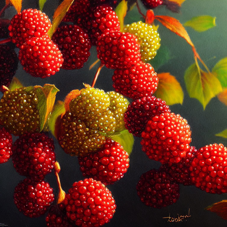 Vivid Red and Green Blackberries on Dark Background