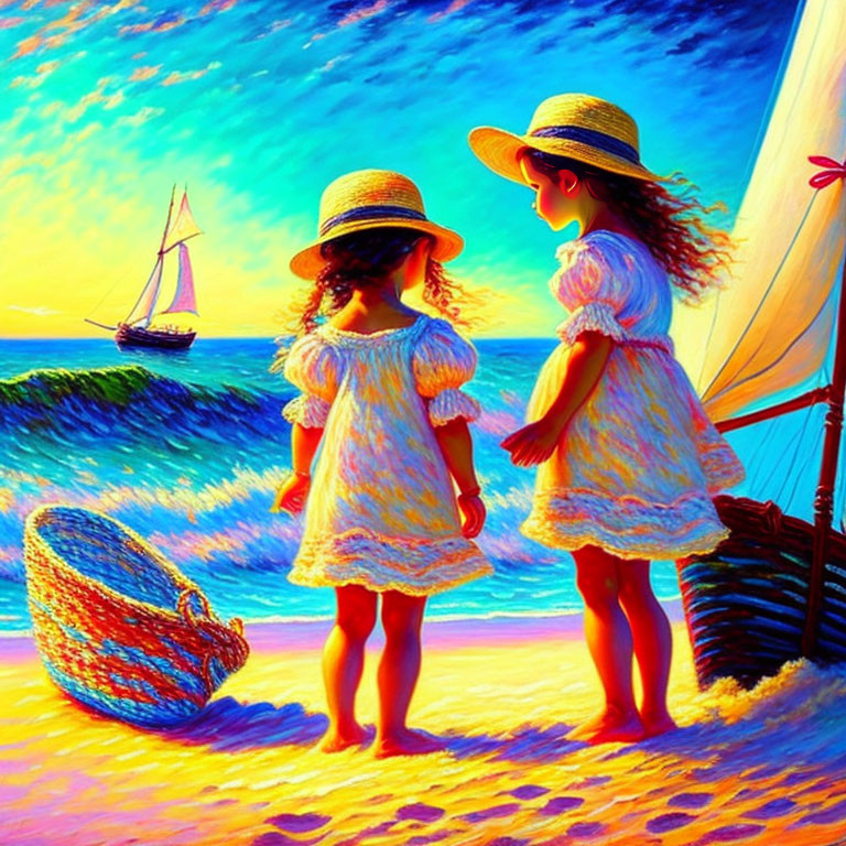 Two Girls in Straw Hats Watching Sailboat on Beach