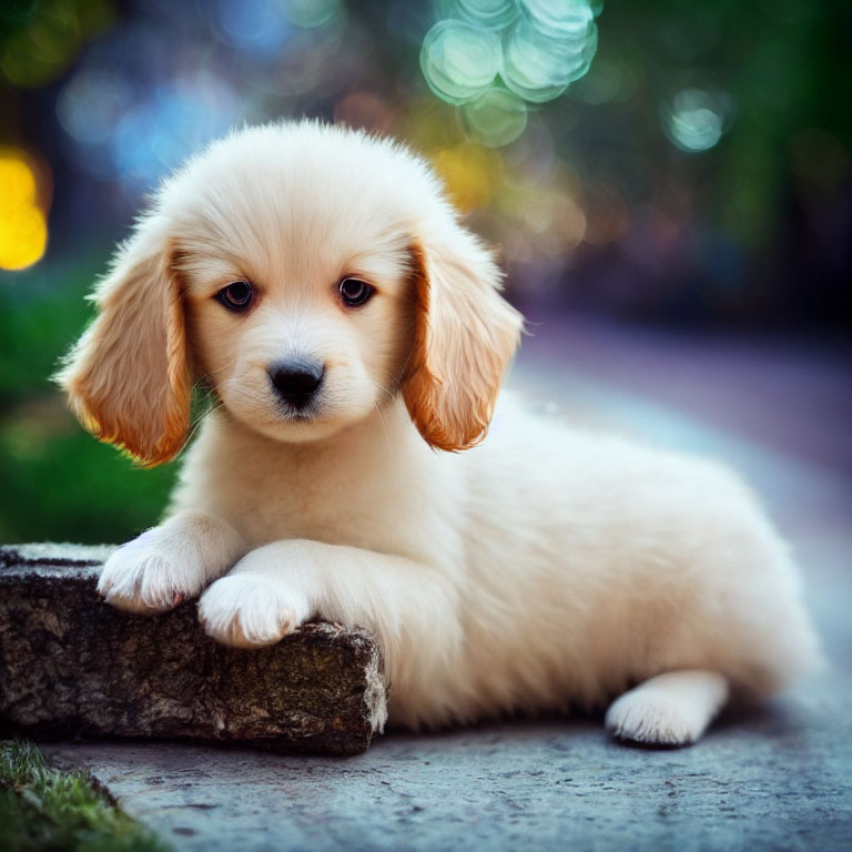 Golden Retriever Puppy Resting on Rock in Green Background