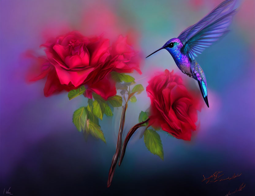 Colorful Hummingbird Flying Towards Pink Roses in Vibrant Illustration