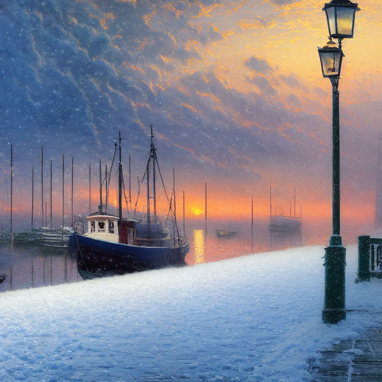 Snow-covered dock with moored boat at sunset, illuminated street lamp, tranquil water, boats in background