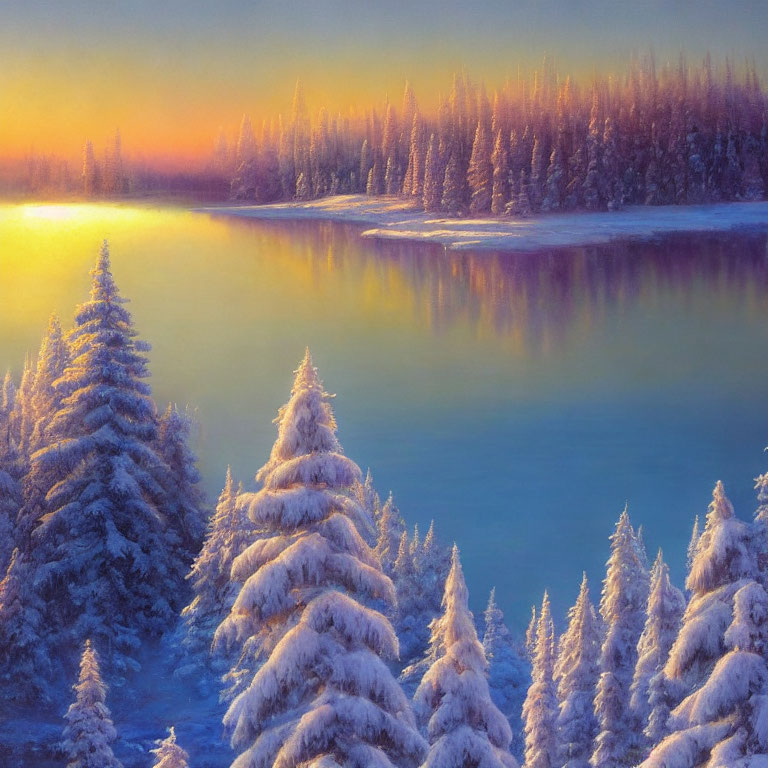 Tranquil sunrise scene: snow-covered pines by a serene lake