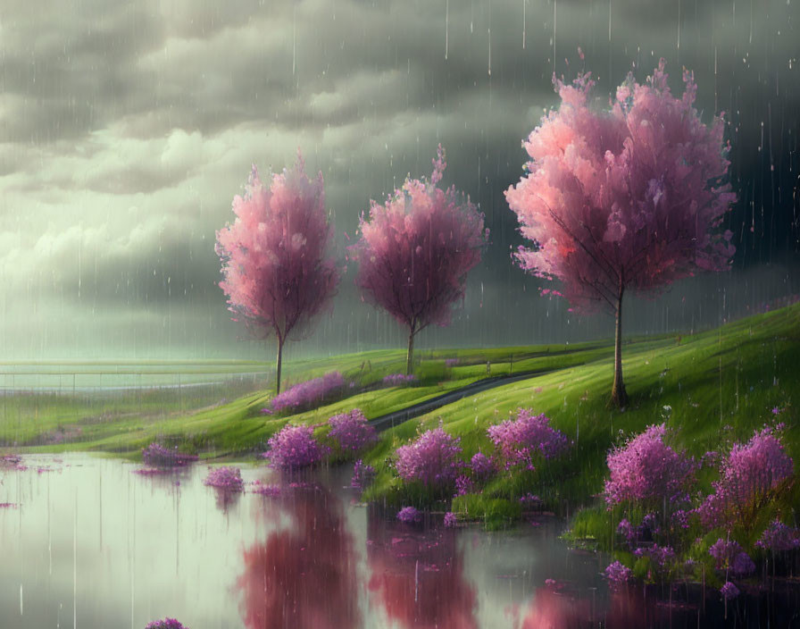 Pink Blossoming Trees on Rainy Hillside with Purple Flowers and Stormy Sky