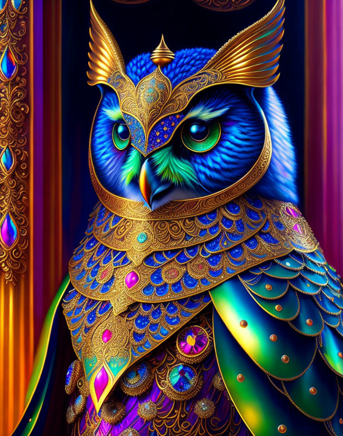 Colorful digital artwork of stylized owl with golden patterns in ornate setting