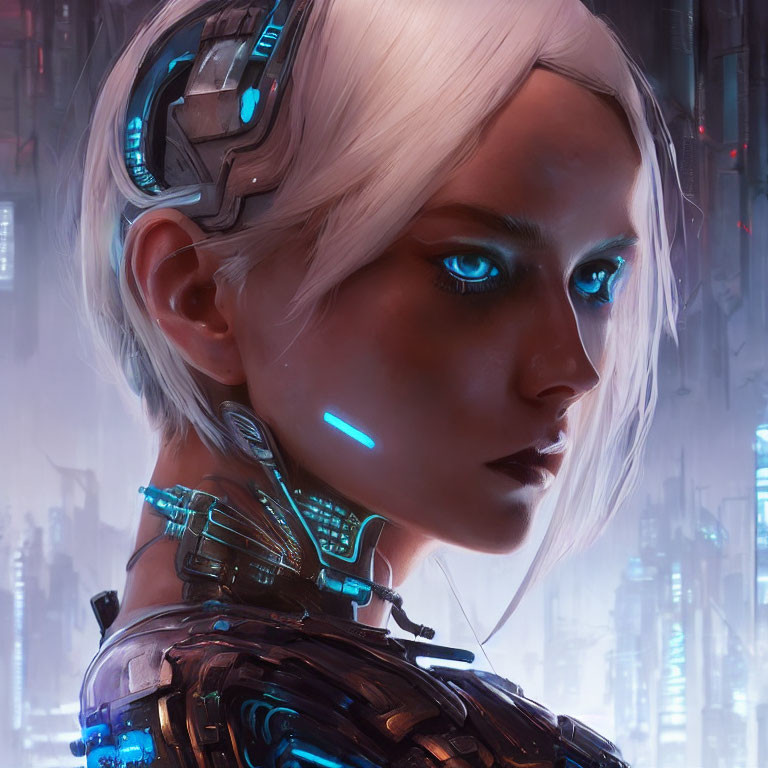 Female cyborg with glowing blue eyes and cybernetic implants in futuristic cityscape