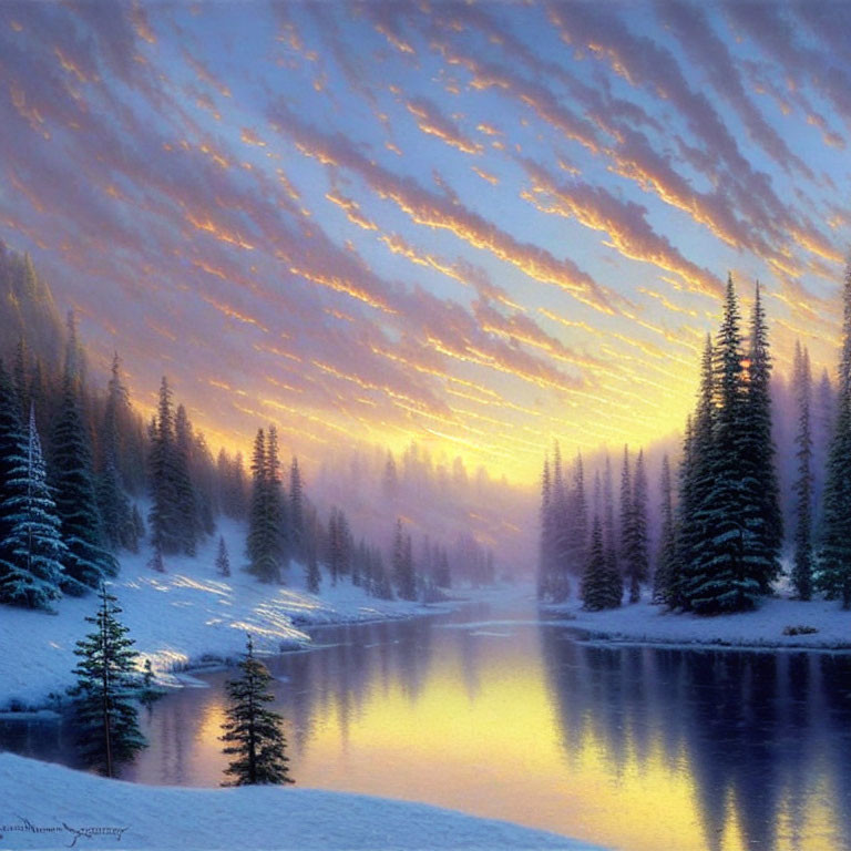 Tranquil Winter Landscape with River and Snow-Covered Trees