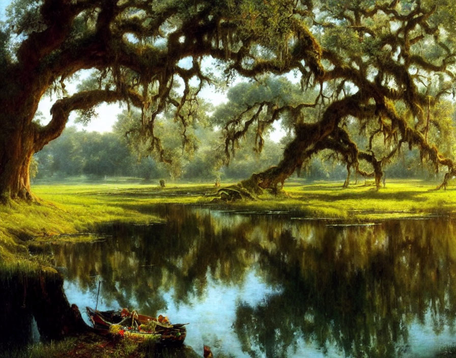 Tranquil riverside landscape with moss-covered oak tree and wooden boat