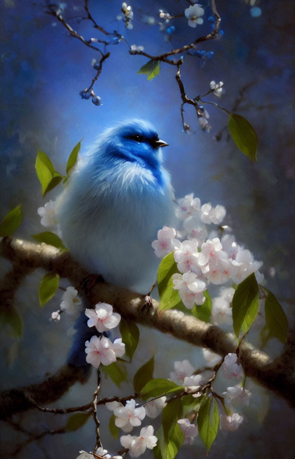 Colorful Bird Perched on Flowered Branch in Blue Setting