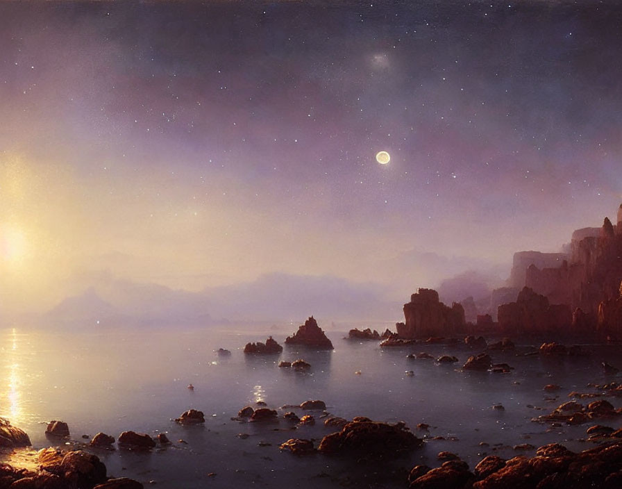 Tranquil dusk seascape with luminous sky and moon over rocky outcroppings