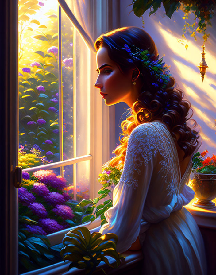 Woman gazing out window with flowers, bathed in warm sunlight