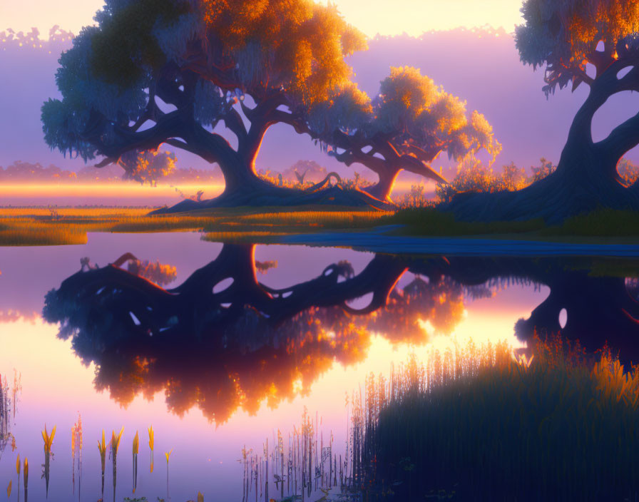 Tranquil landscape with silhouetted trees and serene waters.