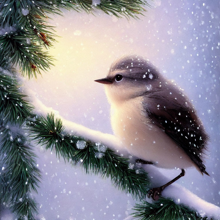 Beige and Brown Bird on Snowy Pine Branch in Winter