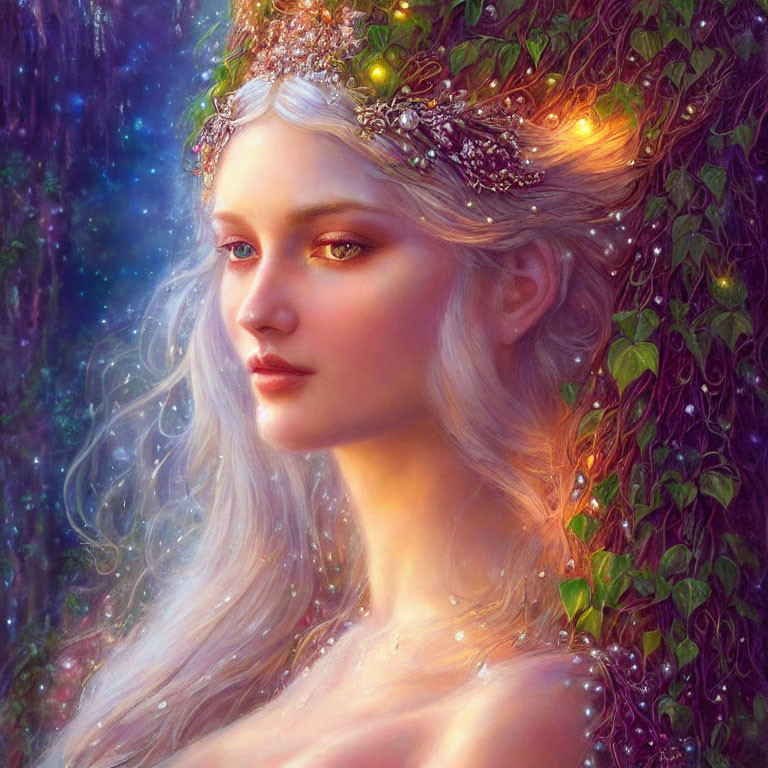 Fantastical portrait: Woman with long white hair, jeweled crown, mystical background