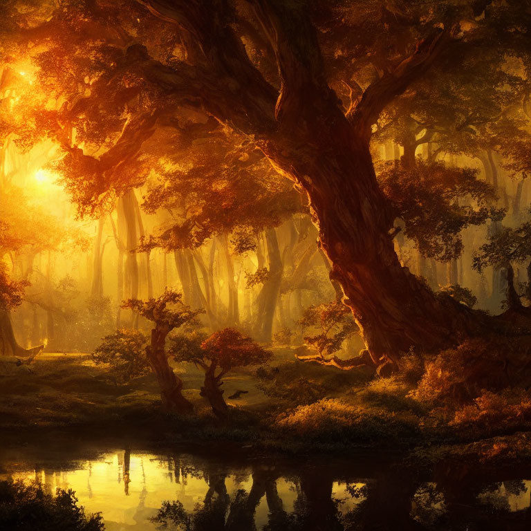 Ethereal forest scene with glowing tree leaves and serene river