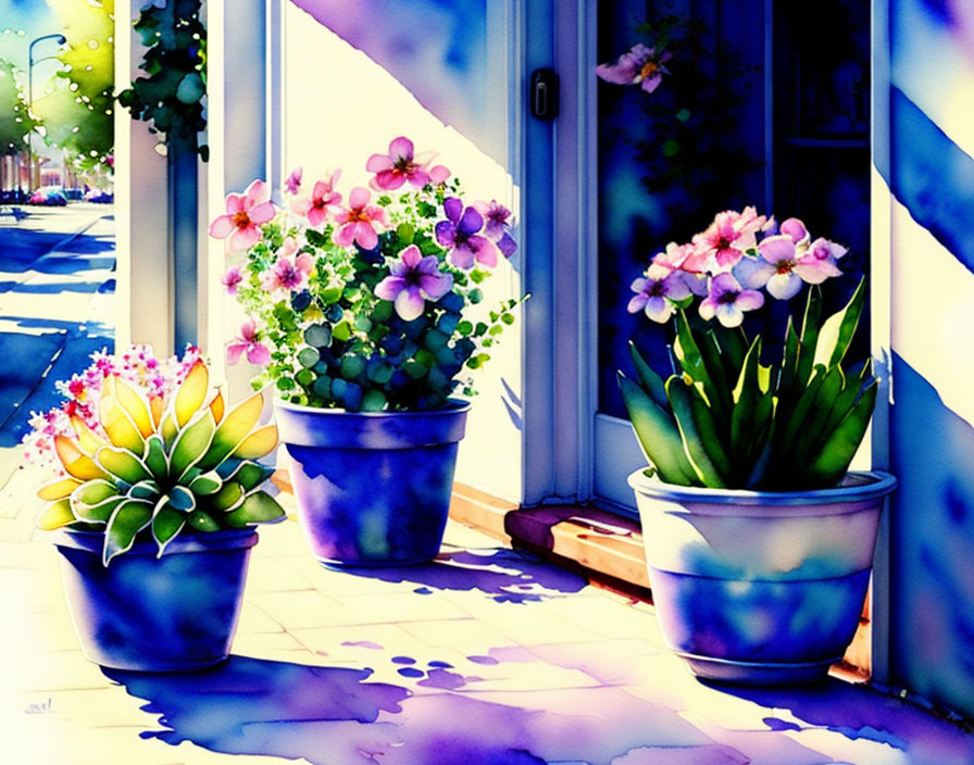 Vibrant potted plants under sunlight at blue-painted home entryway