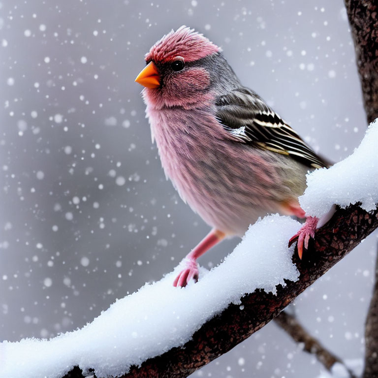 Pink-feathered bird on snow-covered branch with falling snowflakes