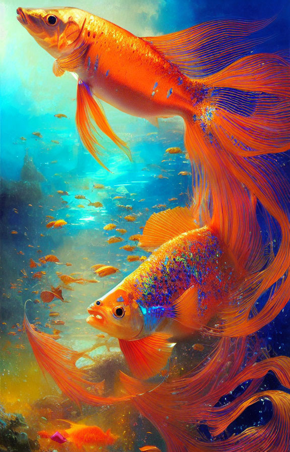 Vibrant Orange Fish with Elongated Fins Swimming Among Rocks