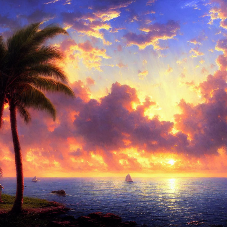 Tranquil sunset sea with palm tree silhouette and boats under vibrant sky