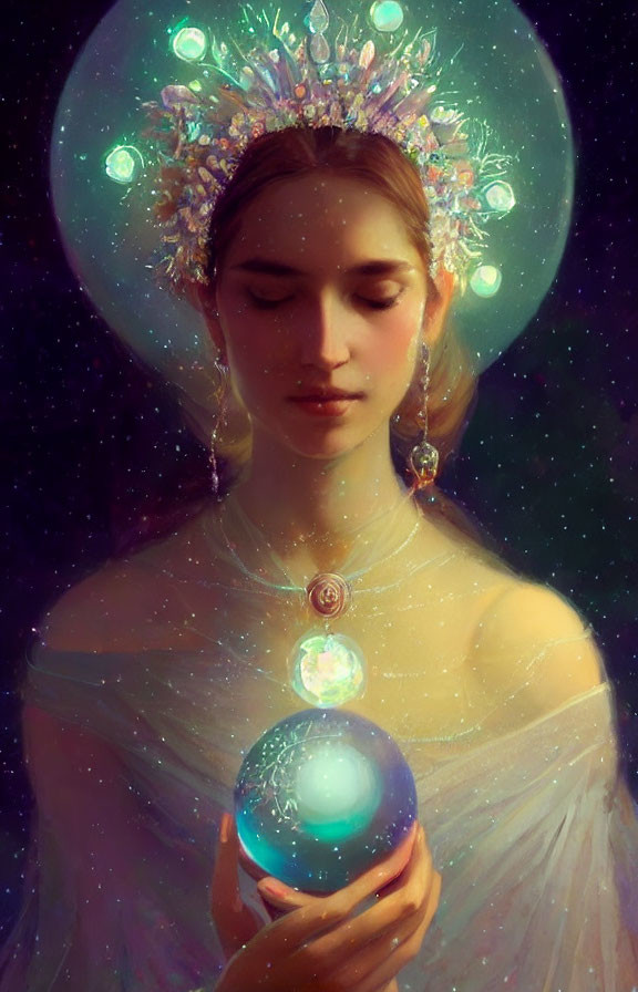 Serene woman with floral crown holding glowing orb and adorned with elegant jewelry