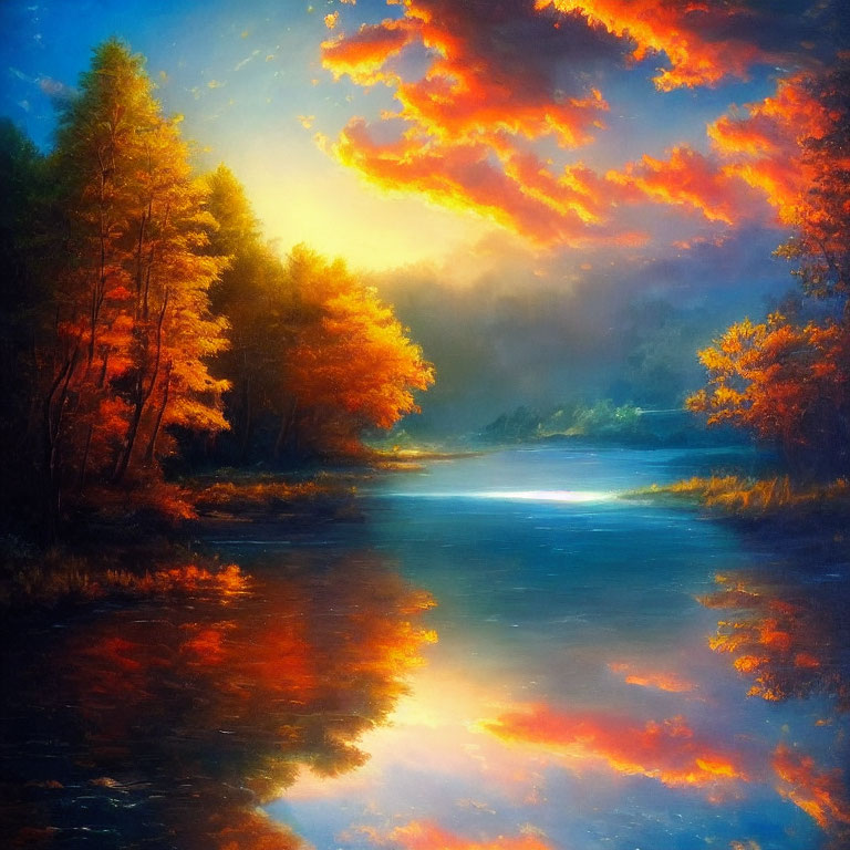 Serene river landscape with autumn trees and orange sunset