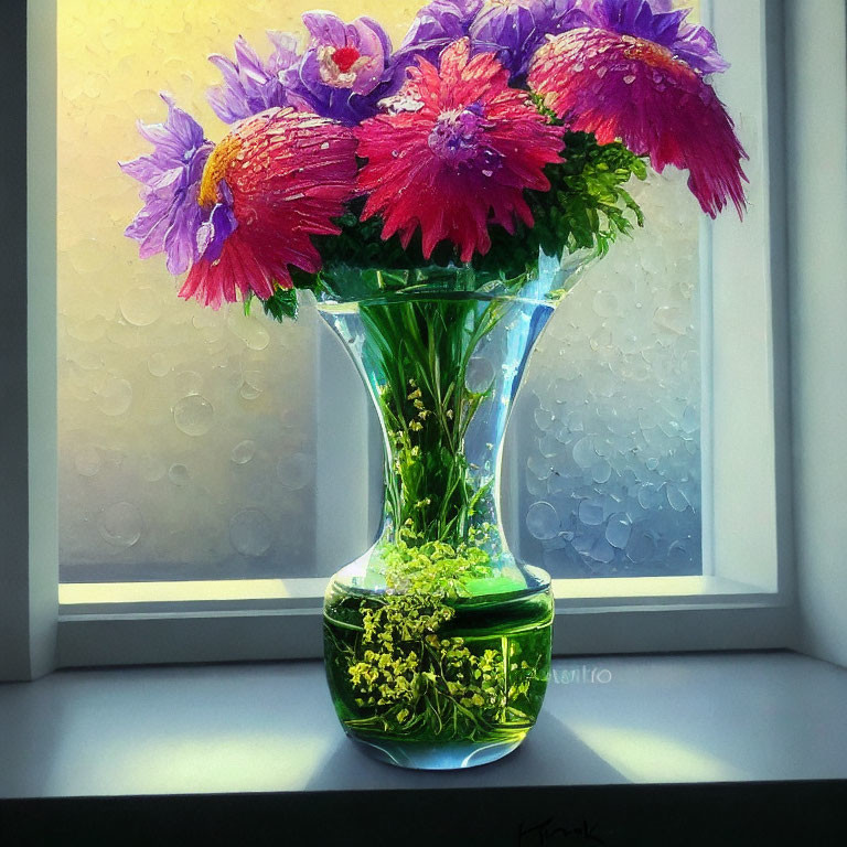 Colorful pink and purple flowers in clear vase on window sill with droplets and sunlight.