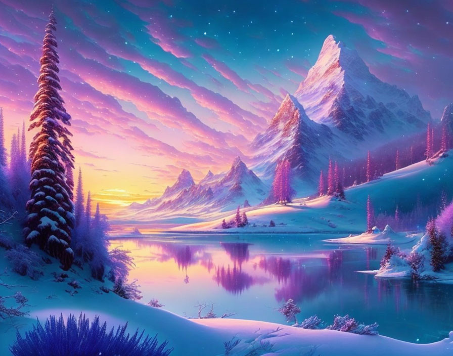 Digital Art: Snowy Mountain Landscape at Sunset