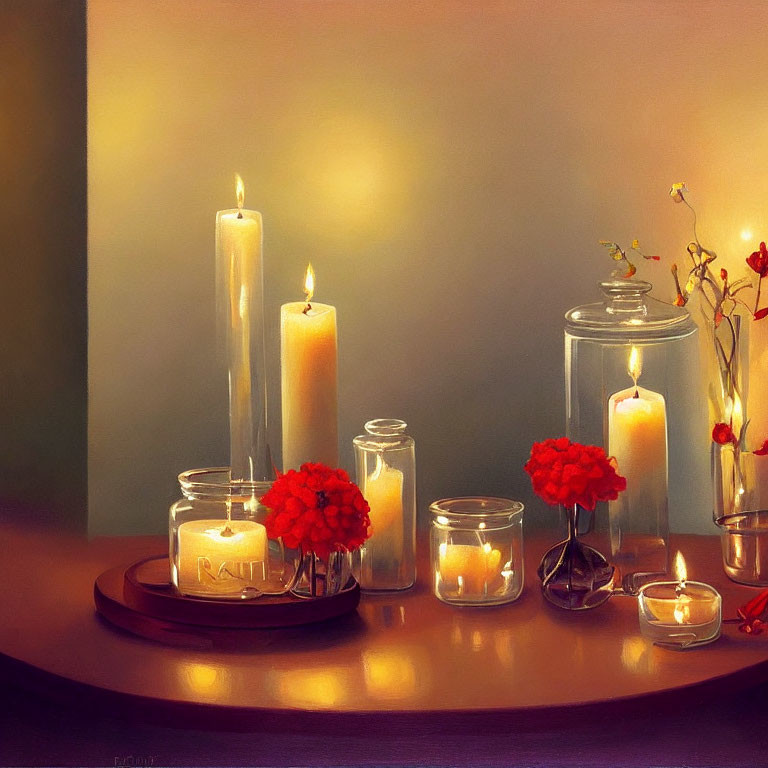 Tranquil still-life painting with assorted lit candles and flowers on a tray