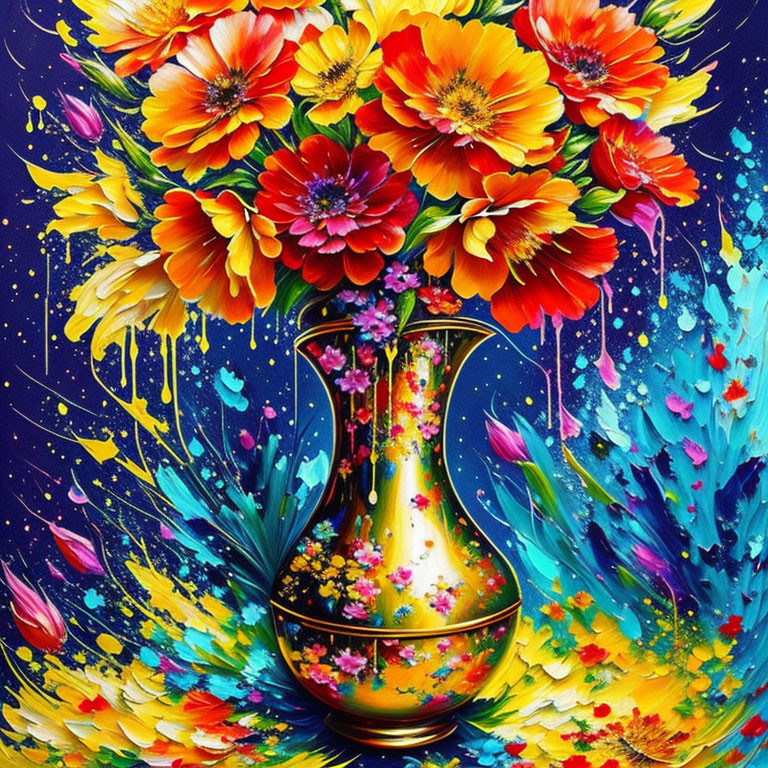 Colorful Red and Yellow Flower Bouquet in Golden Vase on Blue Background