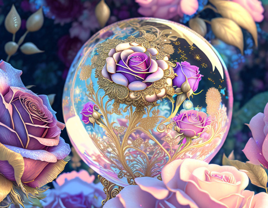 Majestic rose in golden globe surrounded by romantic flora