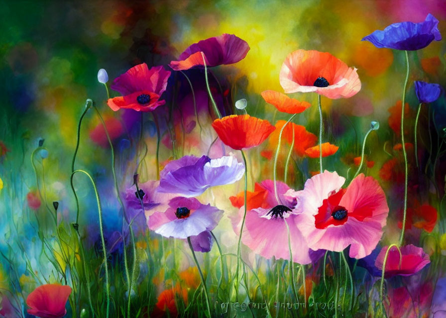 Colorful poppies painting with vibrant red, pink, purple, and blue hues on bokeh-style