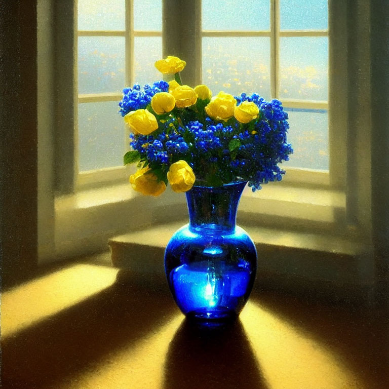 Blue Vase with Yellow Flowers and Blue Blossoms in Sunlight