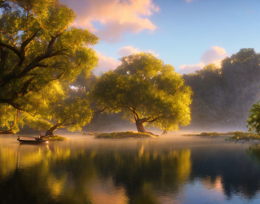 Tranquil lake scene with boat, sunlit willow trees, misty backdrop, and golden