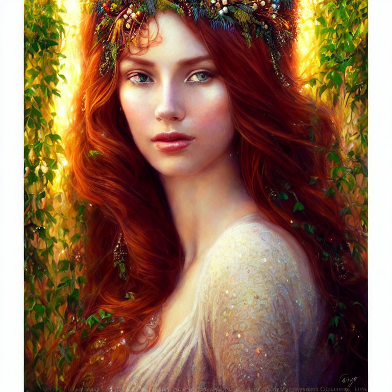 Portrait of woman with red hair and floral wreath in autumn setting