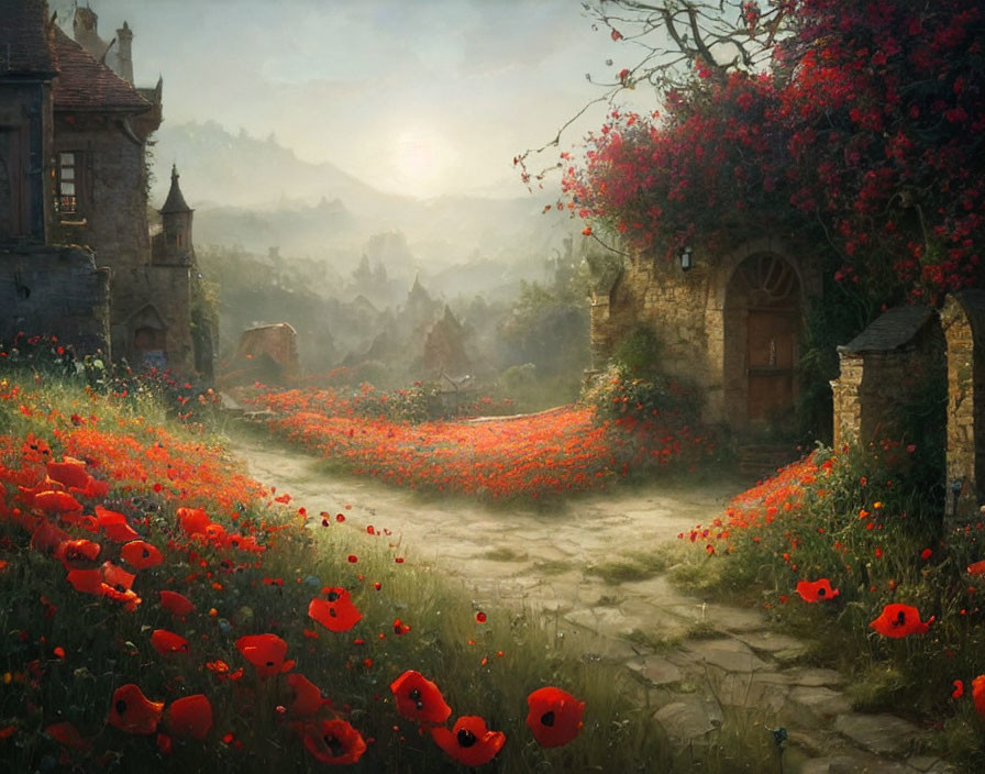 Tranquil path with red poppies to stone cottage in sunset