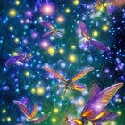 Colorful digital artwork: Flowers, crystals, dewdrops under starry night.