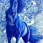 Blue horse with flowing mane among blue flowers: mystical and elegant aura