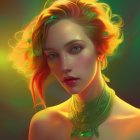 Vibrant digital portrait of a woman with colorful lighting and intricate neck jewelry