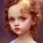 Digital painting: Young girl with curly hair and pink flowers, large eyes, blushing cheeks, soft