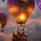 Steampunk hot air balloon with clock and gears over dreamy cityscape