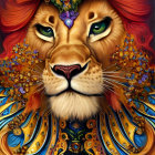 Colorful lion painting with ornate royal attire blending animal and human elements