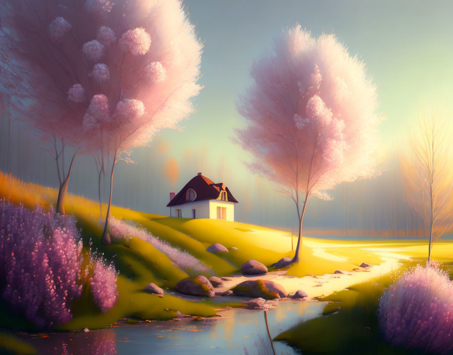 Sunrise landscape with cottage, pink flowering trees, golden light, and river.